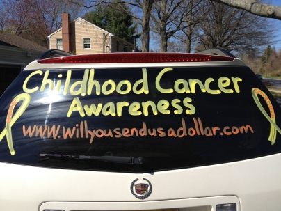 I did this to both mine and Dan’s car last September for childhood cancer awareness month (oh and to my parents car)…so this year I thought, why wait until September. So many people stop me when they see the car so it’s great exposure. In fact just yesterday (4/23), two women stopped me in the parking lot of the grocery store. One gave me (right there and then) a bag of kids toys that I could use either for a fundraiser or to give to the kids at Hackensack. The other woman was from a local news station and now she and her crew will be coming to one of our fundraisers that is happening tomorrow!